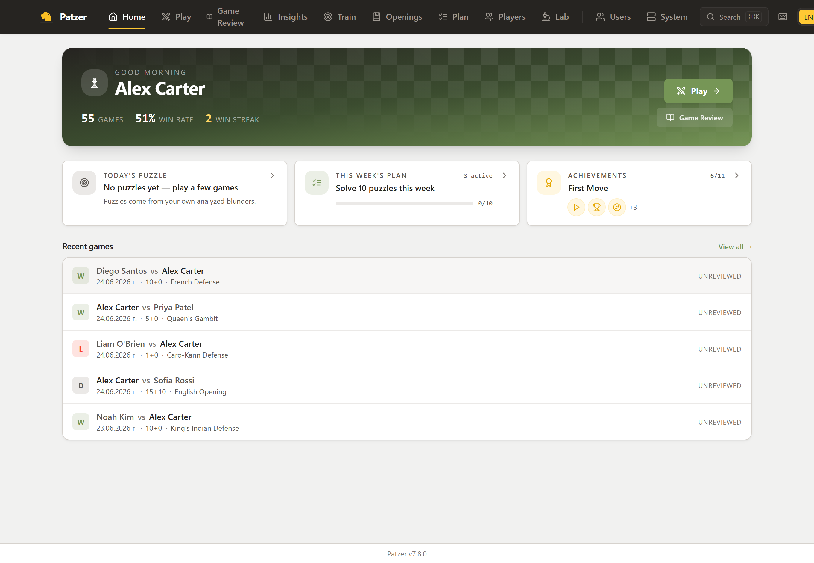 Home dashboard with games played, win rate and win streak, today's puzzle, this week's plan, achievements and recent games.